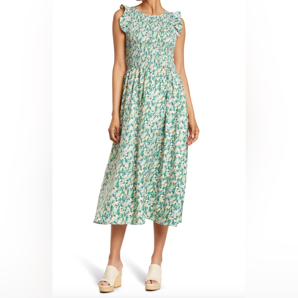 Melloday Smock Print Sleeveless Midi Dress - Green/ Pink Floral Print
